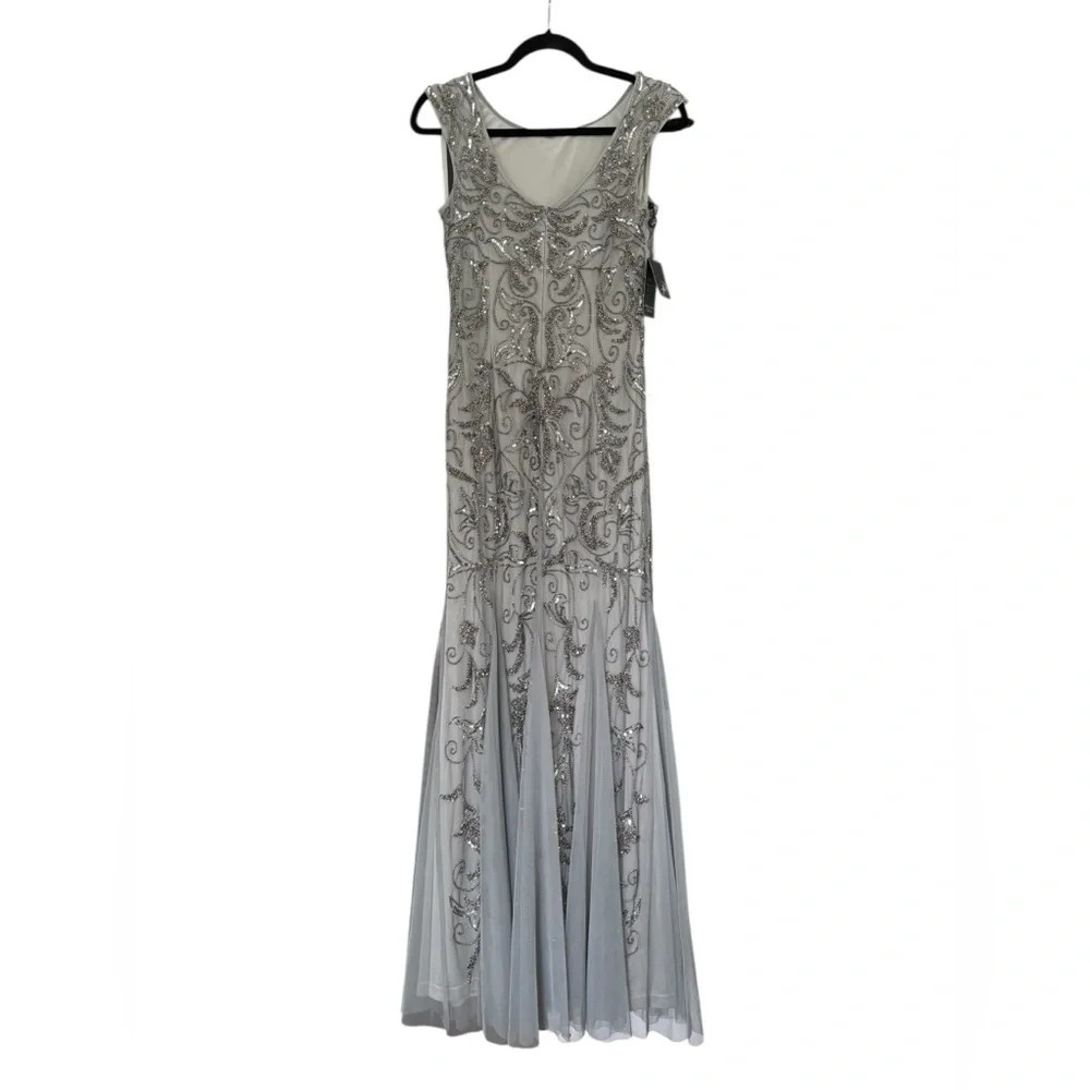 NWT Adrianna Papell Silver Gray Fully Beaded Embellished Mermaid Gown Size 10
